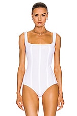 Bottega Veneta Lightweight Fluid Viscose Loops Bodysuit in White, view 2, click to view large image.