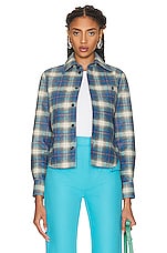 Bottega Veneta Leather Check Flannel Shirt in Multi Light Blue, view 1, click to view large image.