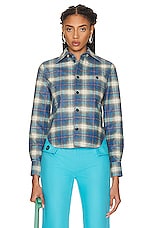 Bottega Veneta Leather Check Flannel Shirt in Multi Light Blue, view 2, click to view large image.