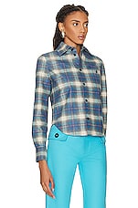 Bottega Veneta Leather Check Flannel Shirt in Multi Light Blue, view 3, click to view large image.