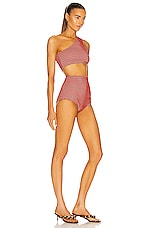 Bottega Veneta One Shoulder Bikini Set in Lipstick & Dark Brown, view 2, click to view large image.