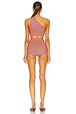 Bottega Veneta One Shoulder Bikini Set in Lipstick & Dark Brown, view 3, click to view large image.