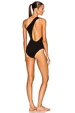 Bottega Veneta Intreccio Stretch Nylon One Shoulder Swimsuit in Black, view 1, click to view large image.