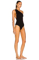 Bottega Veneta Intreccio Stretch Nylon One Shoulder Swimsuit in Black, view 3, click to view large image.