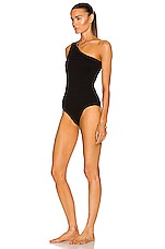 Bottega Veneta Intreccio Stretch Nylon One Shoulder Swimsuit in Black, view 4, click to view large image.