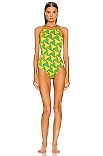 Bottega Veneta Wavy Triangle Crinkle Swimsuit in Parakeet & Kiwi, view 1, click to view large image.