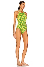 Bottega Veneta Wavy Triangle Crinkle Swimsuit in Parakeet & Kiwi, view 2, click to view large image.