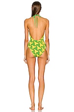Bottega Veneta Wavy Triangle Crinkle Swimsuit in Parakeet & Kiwi, view 3, click to view large image.