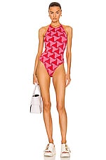 Bottega Veneta Wavy Triangle Crinkle Swimsuit in Pink & Scarlet, view 1, click to view large image.