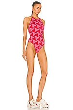 Bottega Veneta Wavy Triangle Crinkle Swimsuit in Pink & Scarlet, view 2, click to view large image.