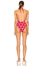 Bottega Veneta Wavy Triangle Crinkle Swimsuit in Pink & Scarlet, view 3, click to view large image.
