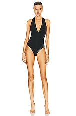 Bottega Veneta Stretch One Piece V Neck Swimsuit in Black, view 1, click to view large image.