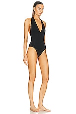 Bottega Veneta Stretch One Piece V Neck Swimsuit in Black, view 2, click to view large image.