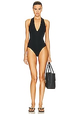 Bottega Veneta Stretch One Piece V Neck Swimsuit in Black, view 4, click to view large image.