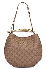Bottega Veneta Medium Sardine Shoulder Bag in Taupe Grey & Muse Brass, view 1, click to view large image.