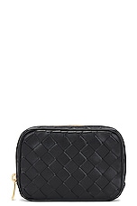 Bottega Veneta Teen Zip Pouch in Black & Gold, view 1, click to view large image.