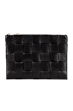 Bottega Veneta Small The Cassette Flat Pouch in Black & Gold, view 1, click to view large image.