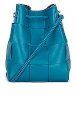 Bottega Veneta Small Cassette Bucket Bag in Blueprint & Gold, view 3, click to view large image.