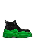 Bottega Veneta Tire Chelsea Ankle Boots in Black & Green, view 1, click to view large image.