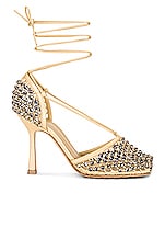 Bottega Veneta Sparkle Stretch Lace-Up Sandals in Cane Sugar, view 1, click to view large image.