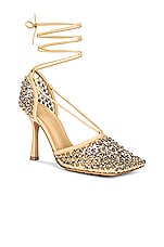 Bottega Veneta Sparkle Stretch Lace-Up Sandals in Cane Sugar, view 2, click to view large image.