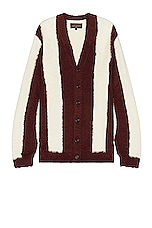 Beams Plus Stripe Cotton Shaggy Cardigan in Brown, view 1, click to view large image.