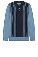 Beams Plus Knit Polo Stripe 12g in Blue, view 1, click to view large image.