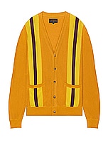 Beams Plus Cardigan Stripepatchwork Like Jacquard in Mustard, view 1, click to view large image.