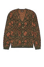 Beams Plus Cardigan Botanical Pattern Jacquard in Olive, view 1, click to view large image.