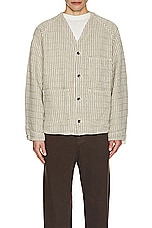 Beams Plus Engineer Jacket Linen Hickory Stripe in Natural, view 3, click to view large image.