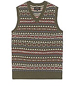 Beams Plus Cotton Linen Vest Fair Isle Pattern in Olive, view 1, click to view large image.
