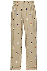 Beams Plus 2 Pleats Trousers Embroidery On Print in Khaki, view 1, click to view large image.