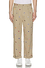 Beams Plus 2 Pleats Trousers Embroidery On Print in Khaki, view 4, click to view large image.