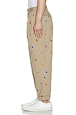 Beams Plus 2 Pleats Trousers Embroidery On Print in Khaki, view 5, click to view large image.