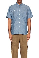 Beams Plus Chambray Short Sleeve Shirt in Sax, view 3, click to view large image.