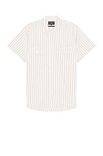 Beams Plus Work Short Sleeve Stripe Shirt in White, view 1, click to view large image.