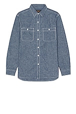 Beams Plus Work Chambray Shirt in Blue, view 1, click to view large image.