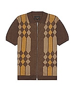 Beams Plus Zip Knit Polo Stripe in Brown, view 1, click to view large image.