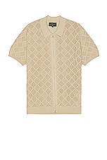 Beams Plus Zip Knit Polo Mesh in Beige, view 1, click to view large image.