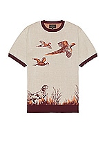 Beams Plus Knit Tee Jacquard in Burgundy, view 1, click to view large image.