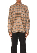 Burberry Small Scale Stretch Check Shirt in Camel Check, view 1, click to view large image.