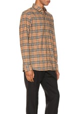Burberry Small Scale Stretch Check Shirt in Camel Check, view 2, click to view large image.