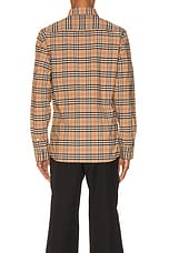 Burberry Small Scale Stretch Check Shirt in Camel Check, view 3, click to view large image.