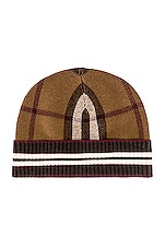 Burberry Check Mashup Beanie in Dark Birch Brown, view 1, click to view large image.