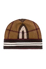 Burberry Check Mashup Beanie in Dark Birch Brown, view 3, click to view large image.