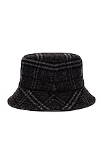 Burberry Wool Check Bucket Hat in Charcoal Grey, view 3, click to view large image.