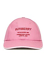 Burberry Horseferry Motif Baseball Cap in Primrose Pink, view 1, click to view large image.