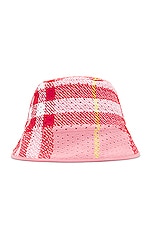Burberry Knitted Check Bucket Hat in Pink Check, view 1, click to view large image.