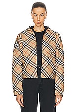 Burberry Crop Check Reversible Jacket in Sand IP Check, view 1, click to view large image.