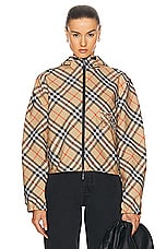Burberry Crop Check Reversible Jacket in Sand IP Check, view 3, click to view large image.